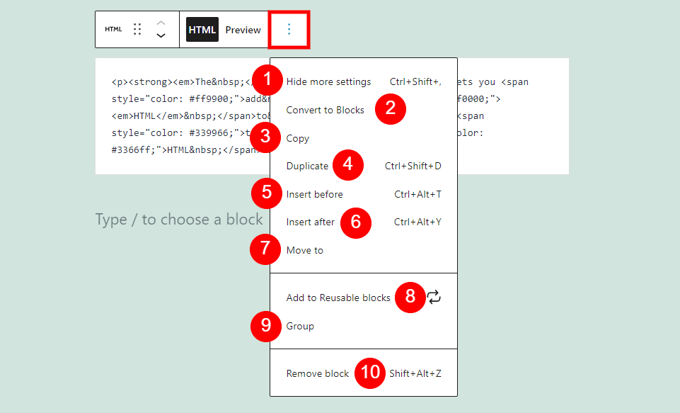 Custom HTML Block Options