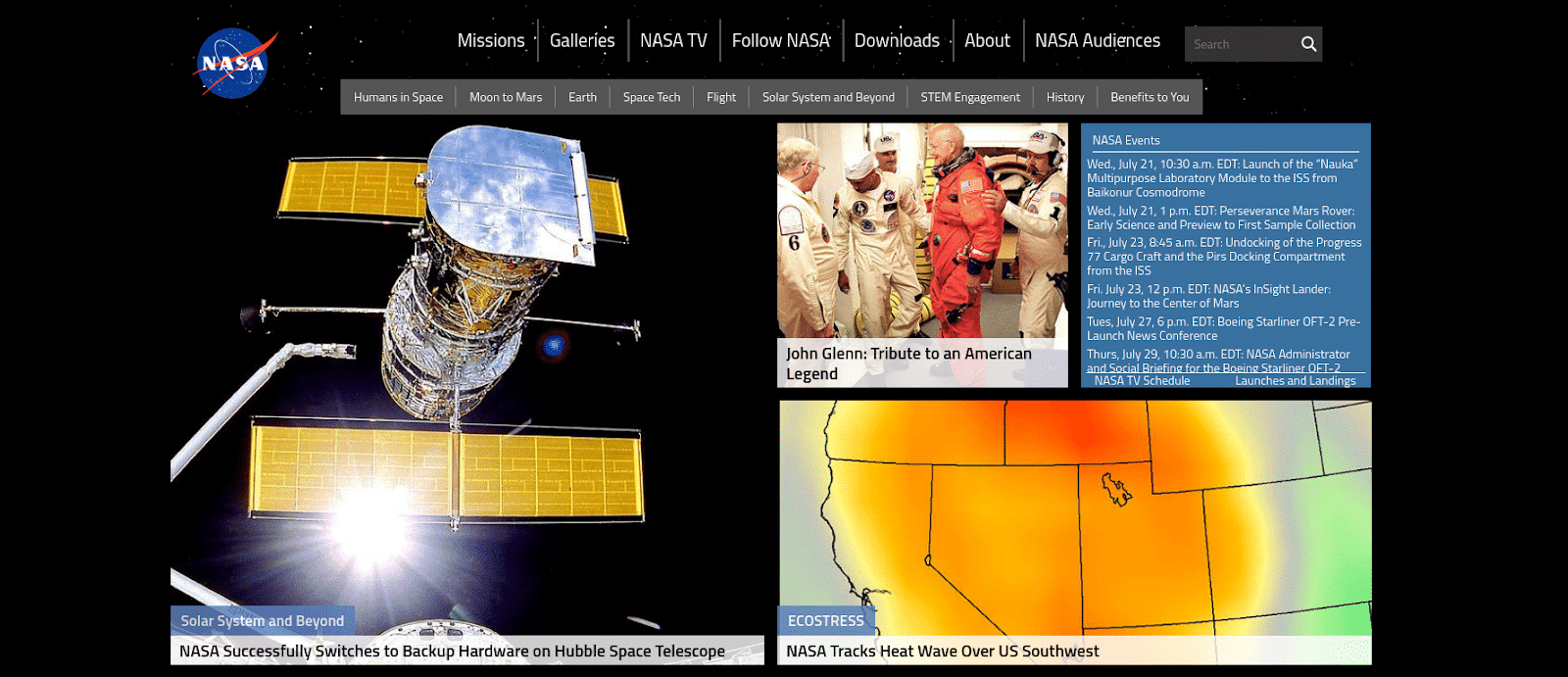 NASA's homepage screenshot.