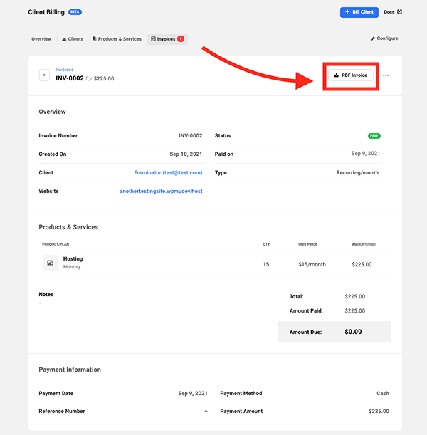 The button you click to download a pdf of the invoice.