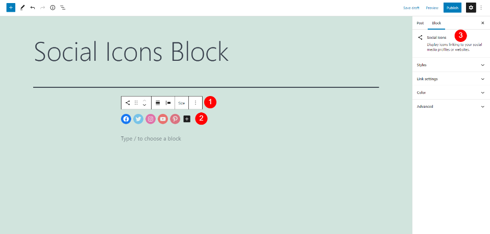 Social Icons Block Settings and Options
