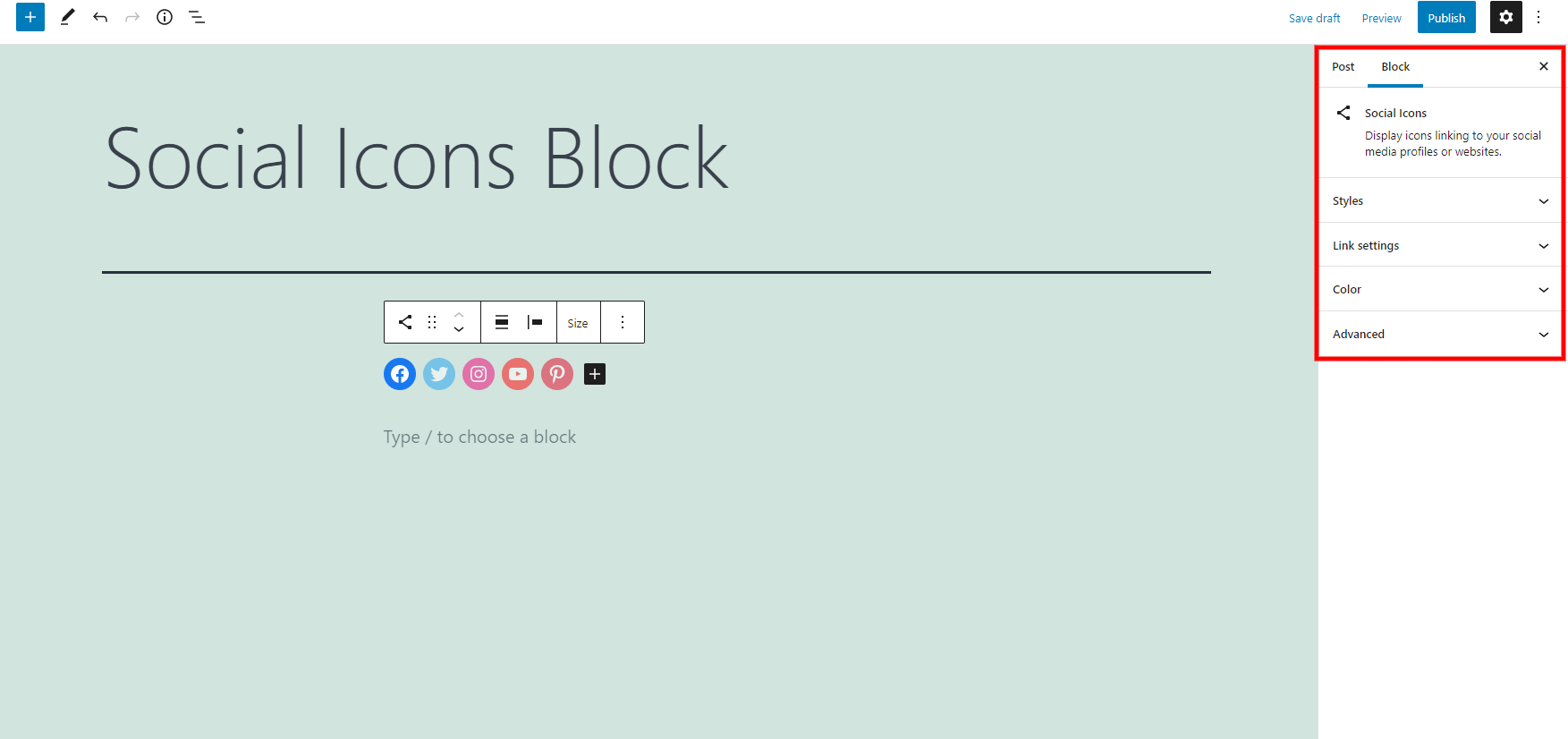 Social Icons Block Settings