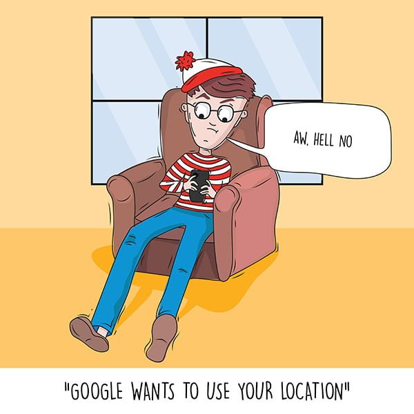 Waldo on a smartphone with Google wanting to use his location.