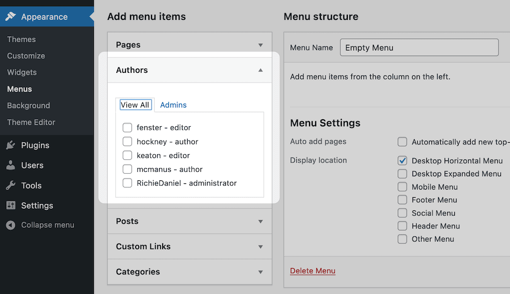 The Authors meta box, populated with users.