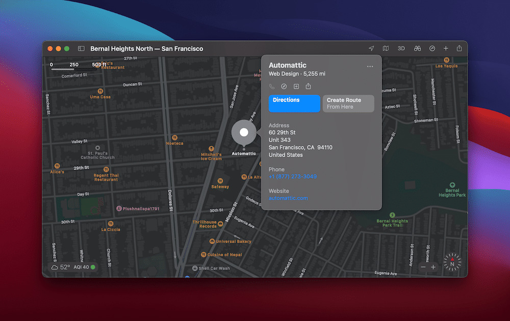 The Automattic offices in Apple Maps.
