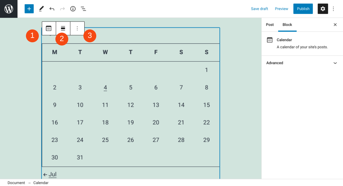 The Calendar Block toolbar.
