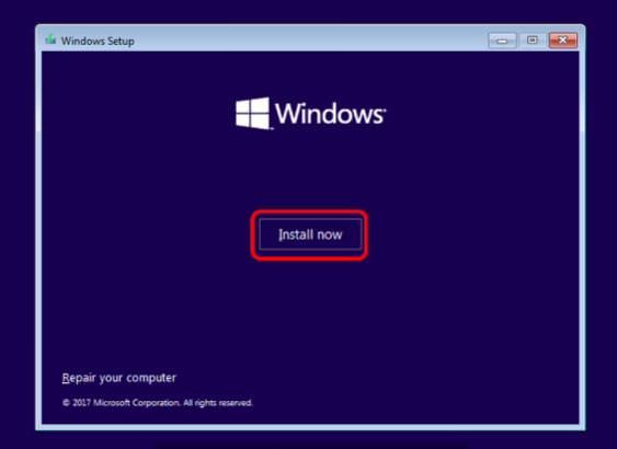 Click on Install now in Windows Setup