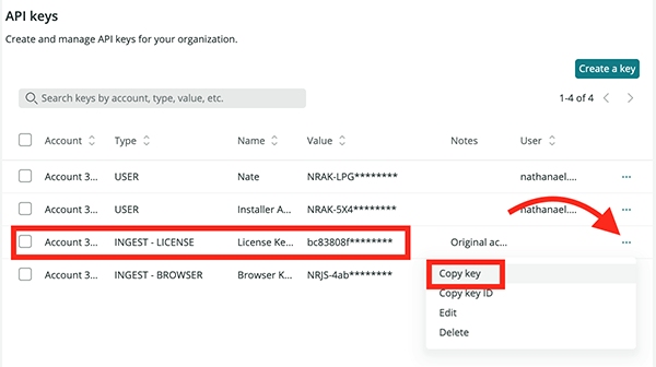 Where you copy the key in New Relic.