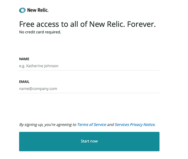 Where you begin the process of setting up a New Relic account.