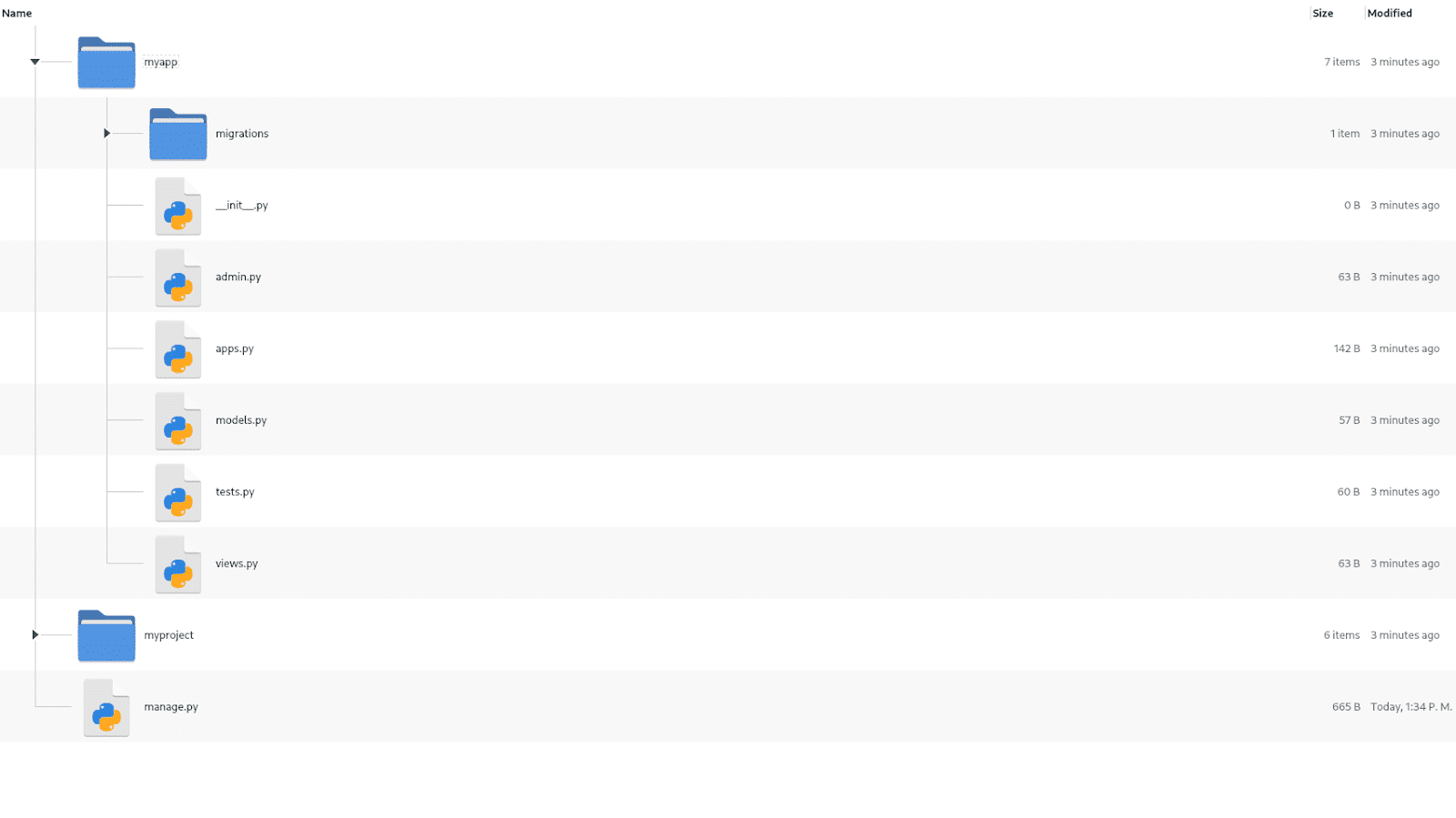 The updated Django app file structure in a graphical file manager.