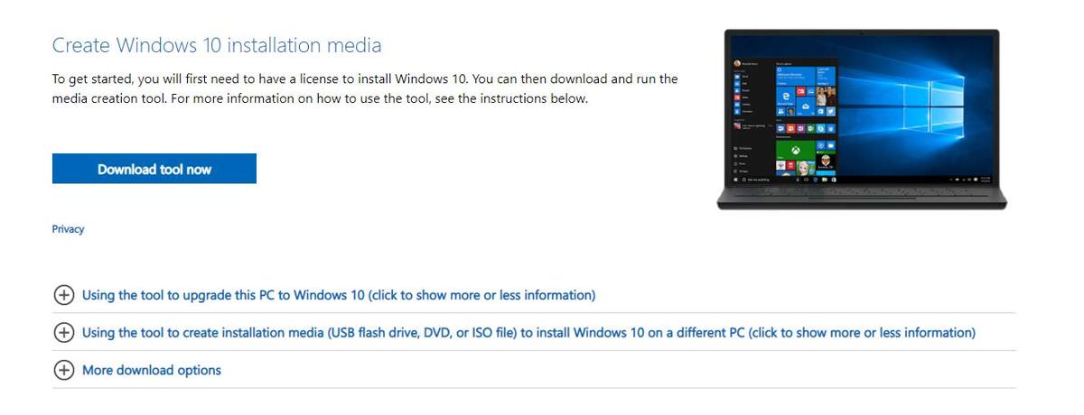Download the Windows 10's installation media