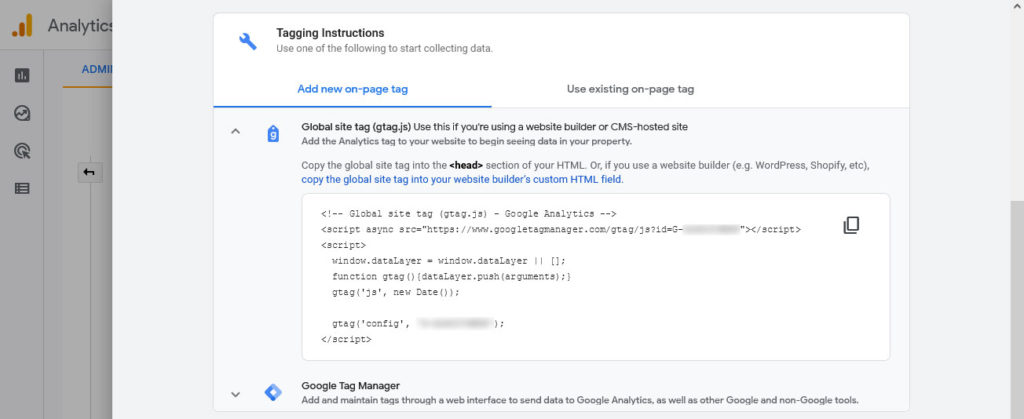 global site tag code in google analytics 4 options