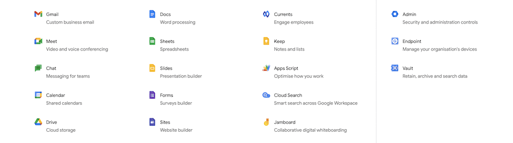 All of the apps available with a Google Workspace account.