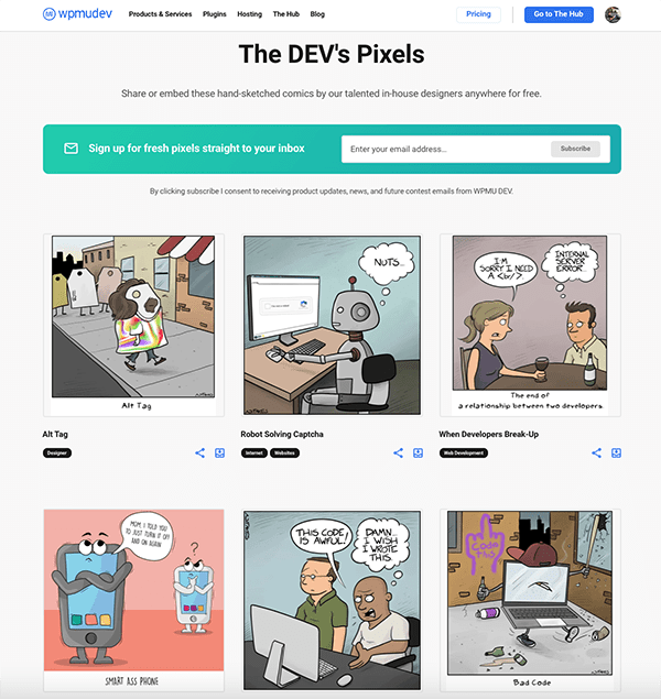 The Dev's Pixels homepage.