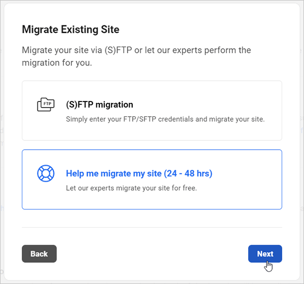 Migrate Existing Site screen - Assisted manual migration option