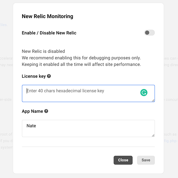 Where you enter a key for New Relic in The Hub.