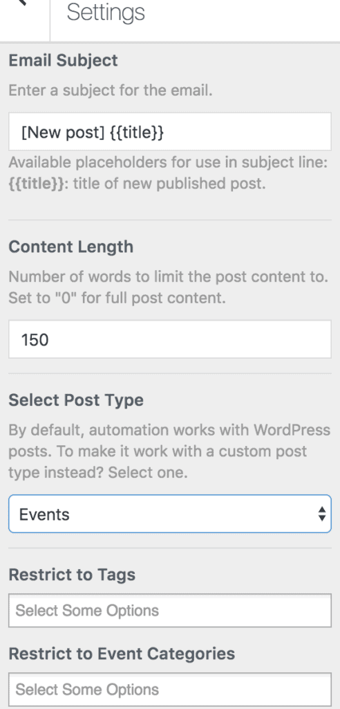 An example of Post Email Digest settings for MailOptin.