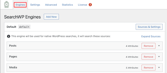 SearchWP engines settings