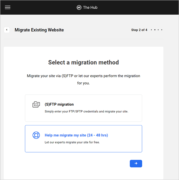 Migrate Existing Website screen - Step 2