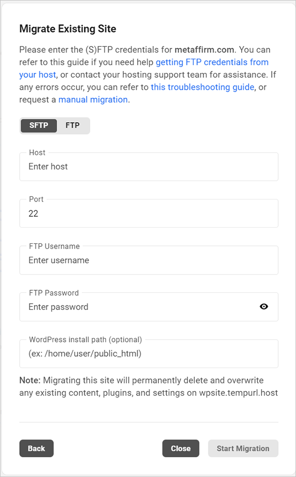 SFTP Migration Tool: Migrate Existing Site - Credentials Screen