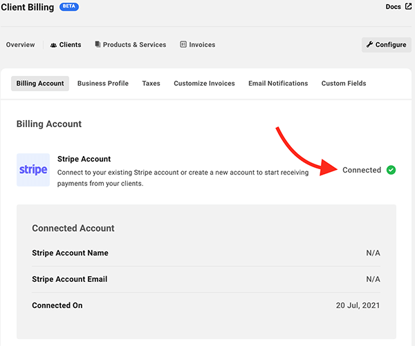 The indication that your Stripe account is connected.