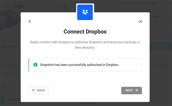 Message about Snapshot being successfully connected.
