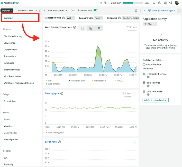 The Summary area of New Relic.