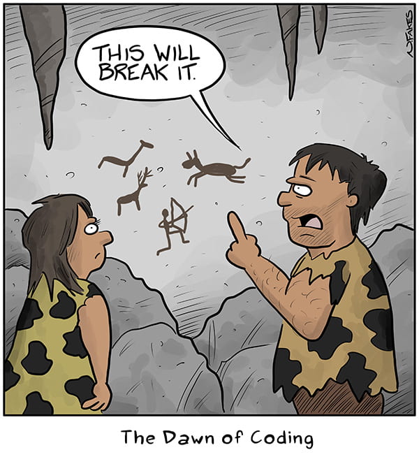 Funny image of cavemen talking about the dawn of coding.