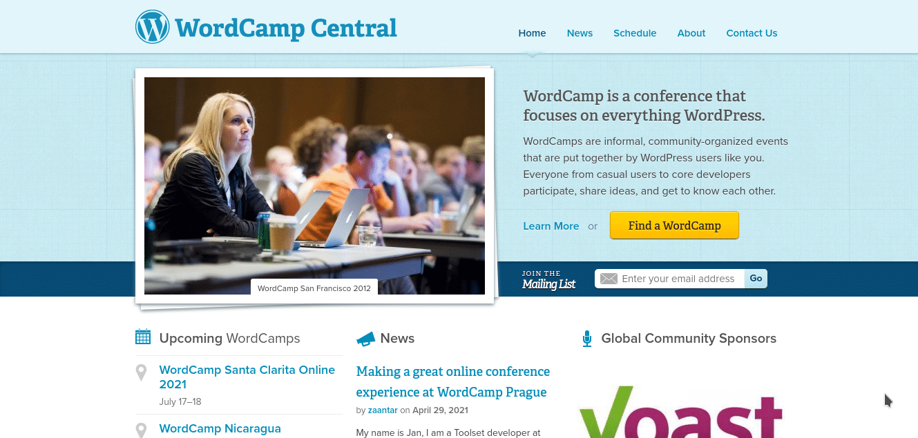 Screenshot of the WordCamp homepage.