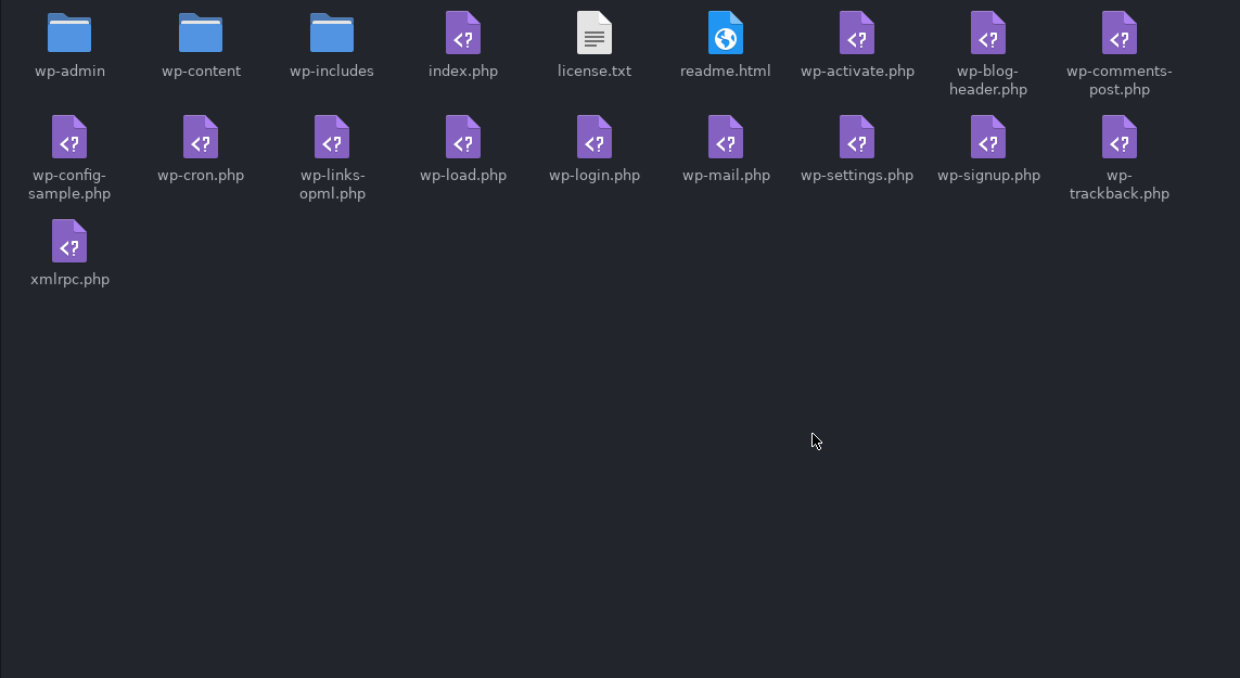 A list of WordPress files and directories in a graphical file manager.