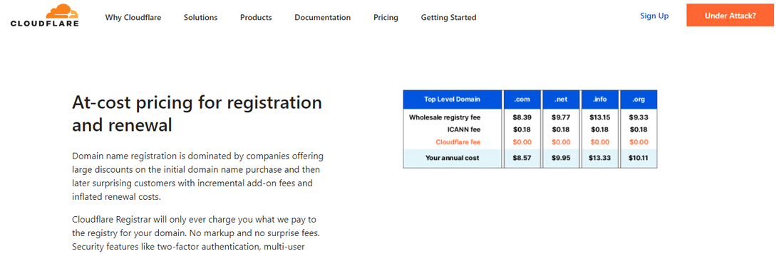 Screenshot of the official Cloudflare Registrar page.