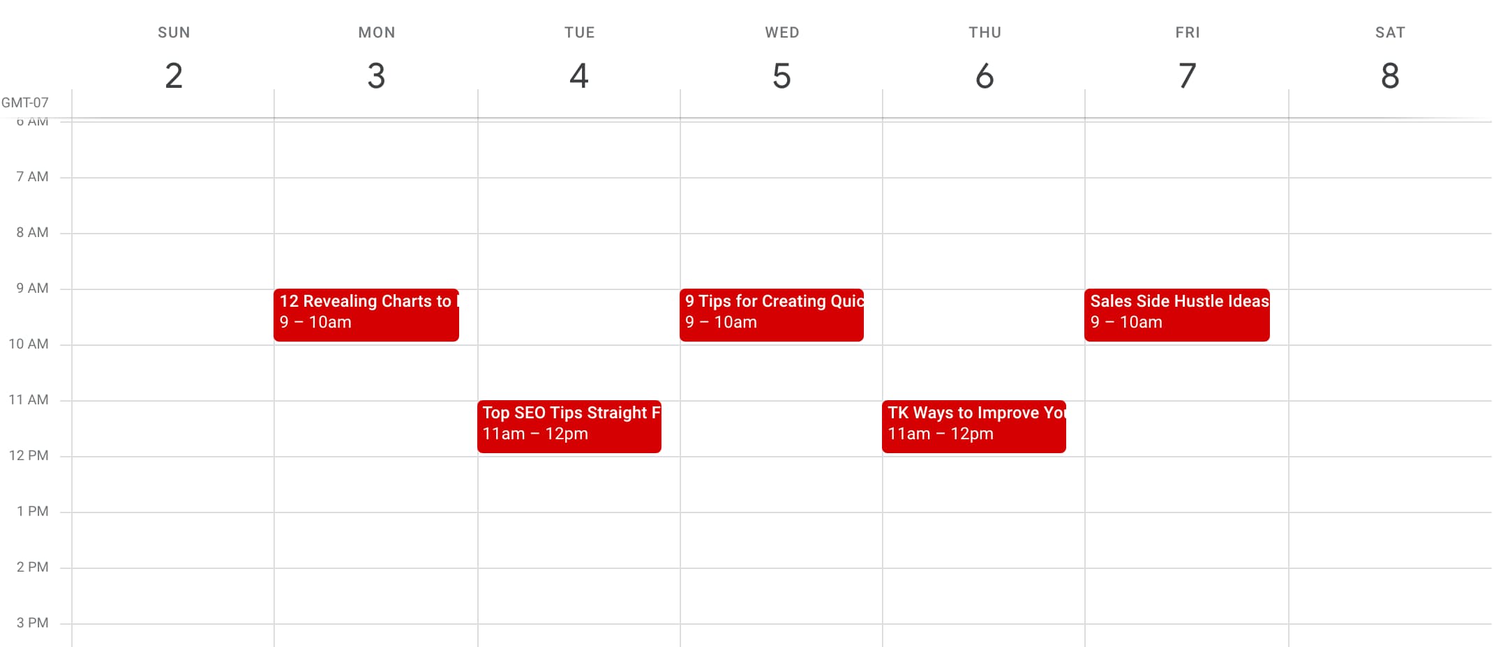 Image of an editorial calendar in Google Calendar made from a template