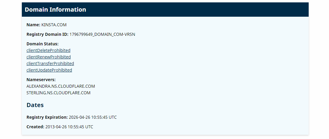 Domain information for Kinsta.com through ICANN Lookup tool.