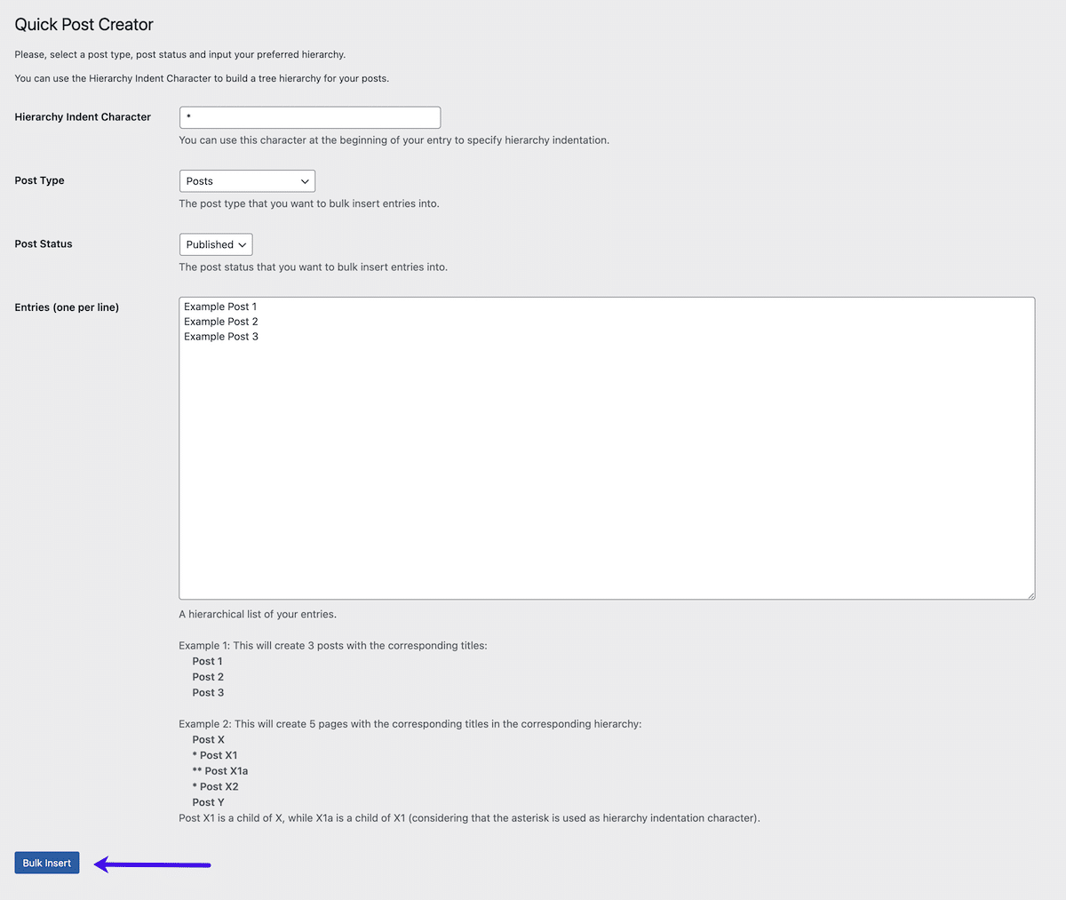 Quick Bulk Post & Page Creator plugin options in WordPress dashboard