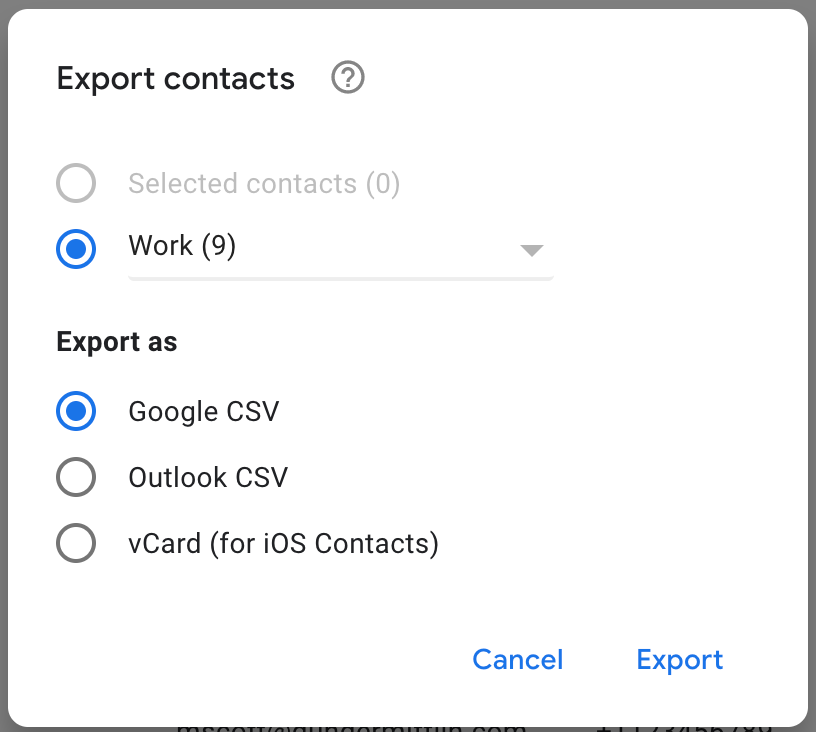 exporting csv files on google contacts