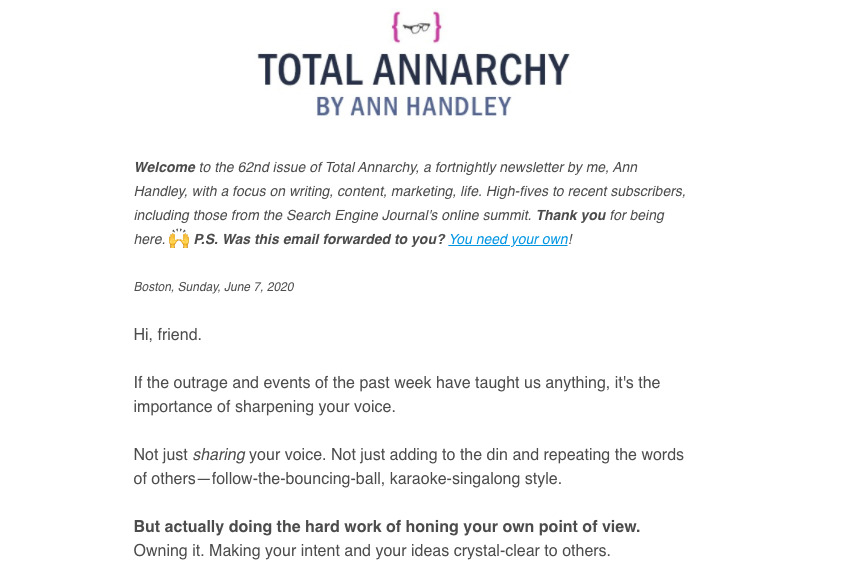 Ann Handley's newsletter as an example of effective email copy that converts