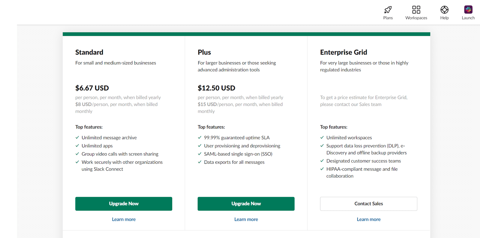 A screenshot of Slack's paid plan pricing options on their website.