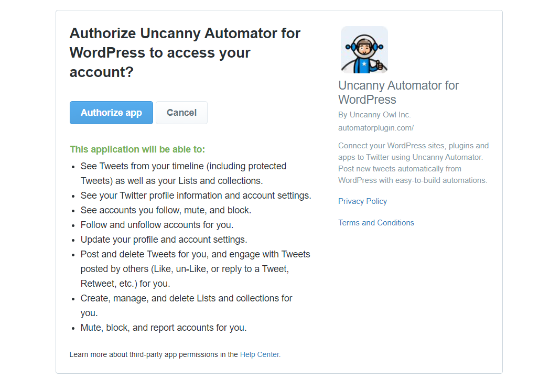 Authorize Uncanny Automator to access Twitter account