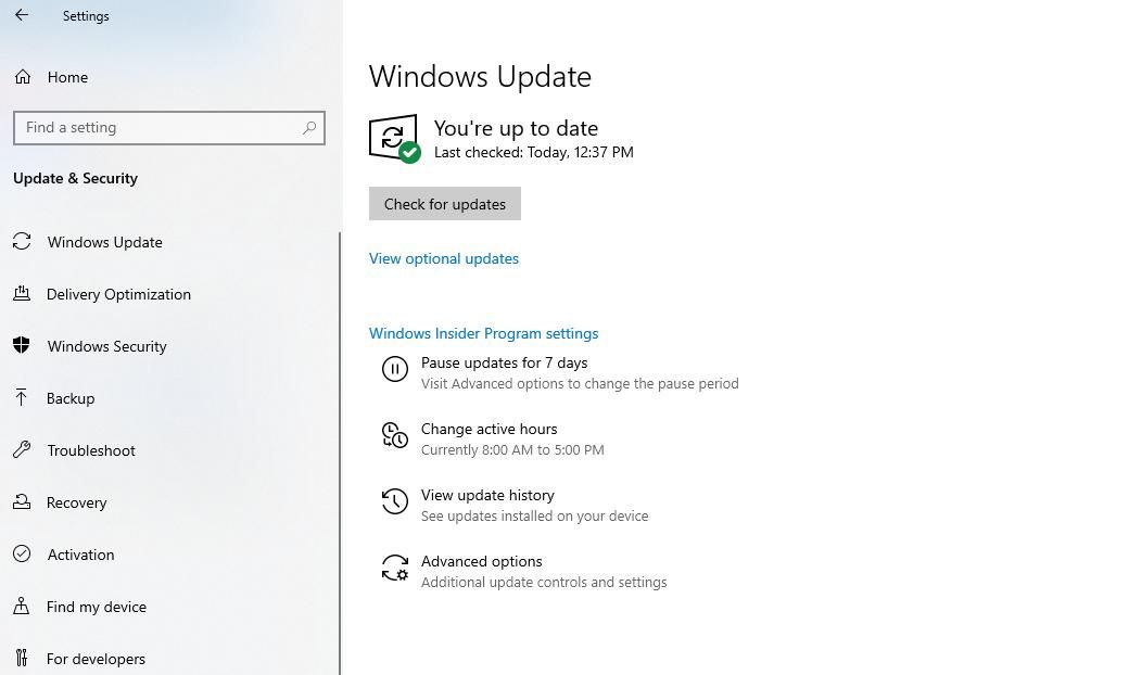 Click Check for updates in Windows Update