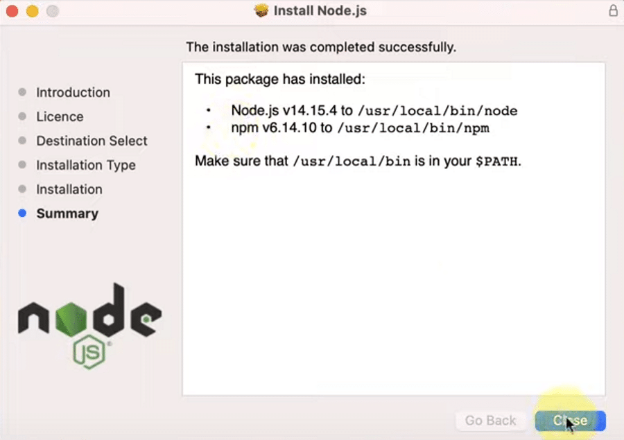 Closing the Node.js installer on macOS.