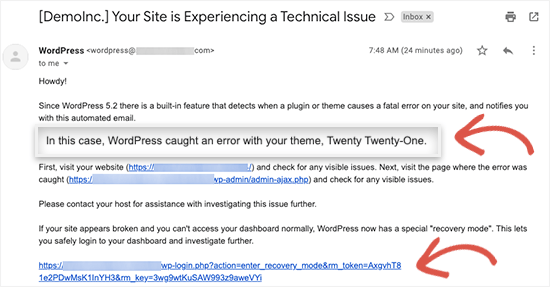 WordPress critical error email notification