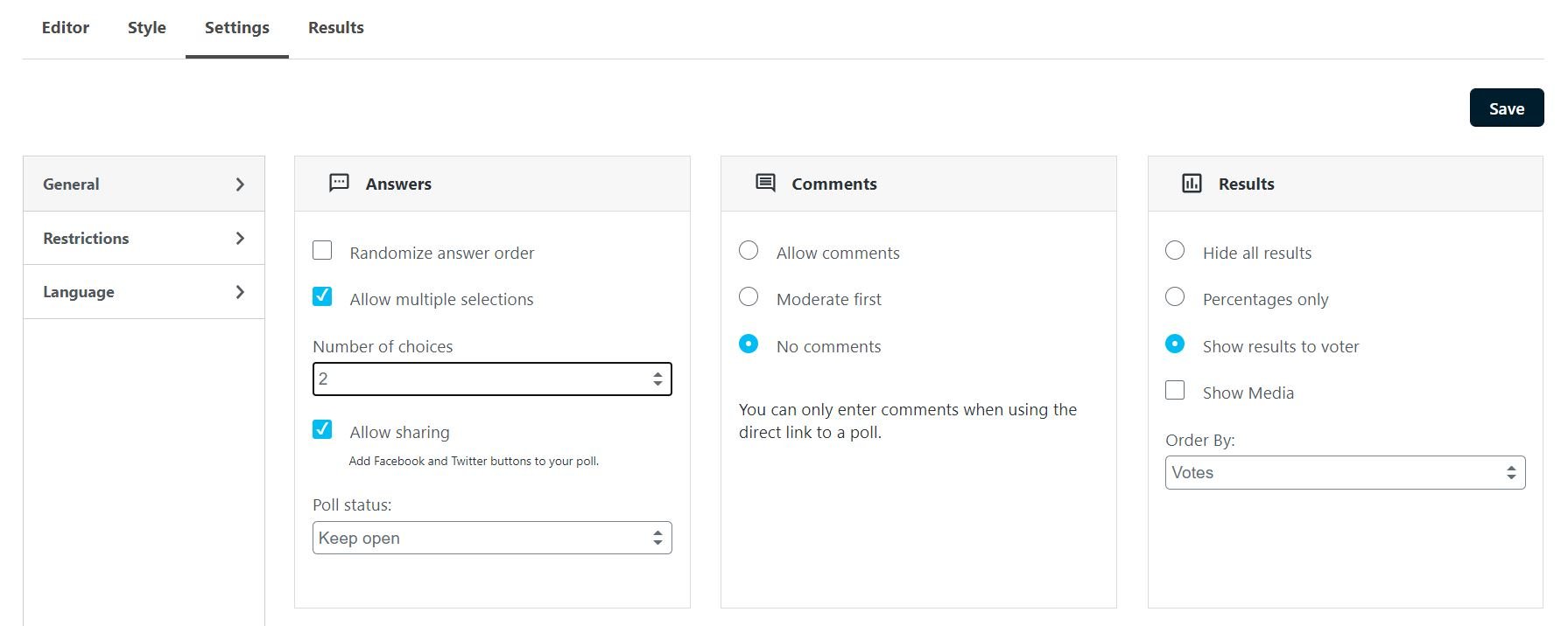 Configuring the settings of the Crowdsignal poll