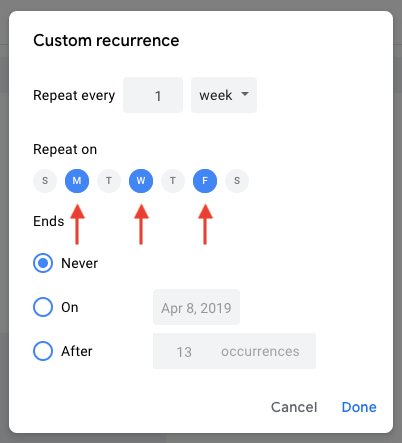 Setting Custom Recurrence in Google Calendar for Recurring Event