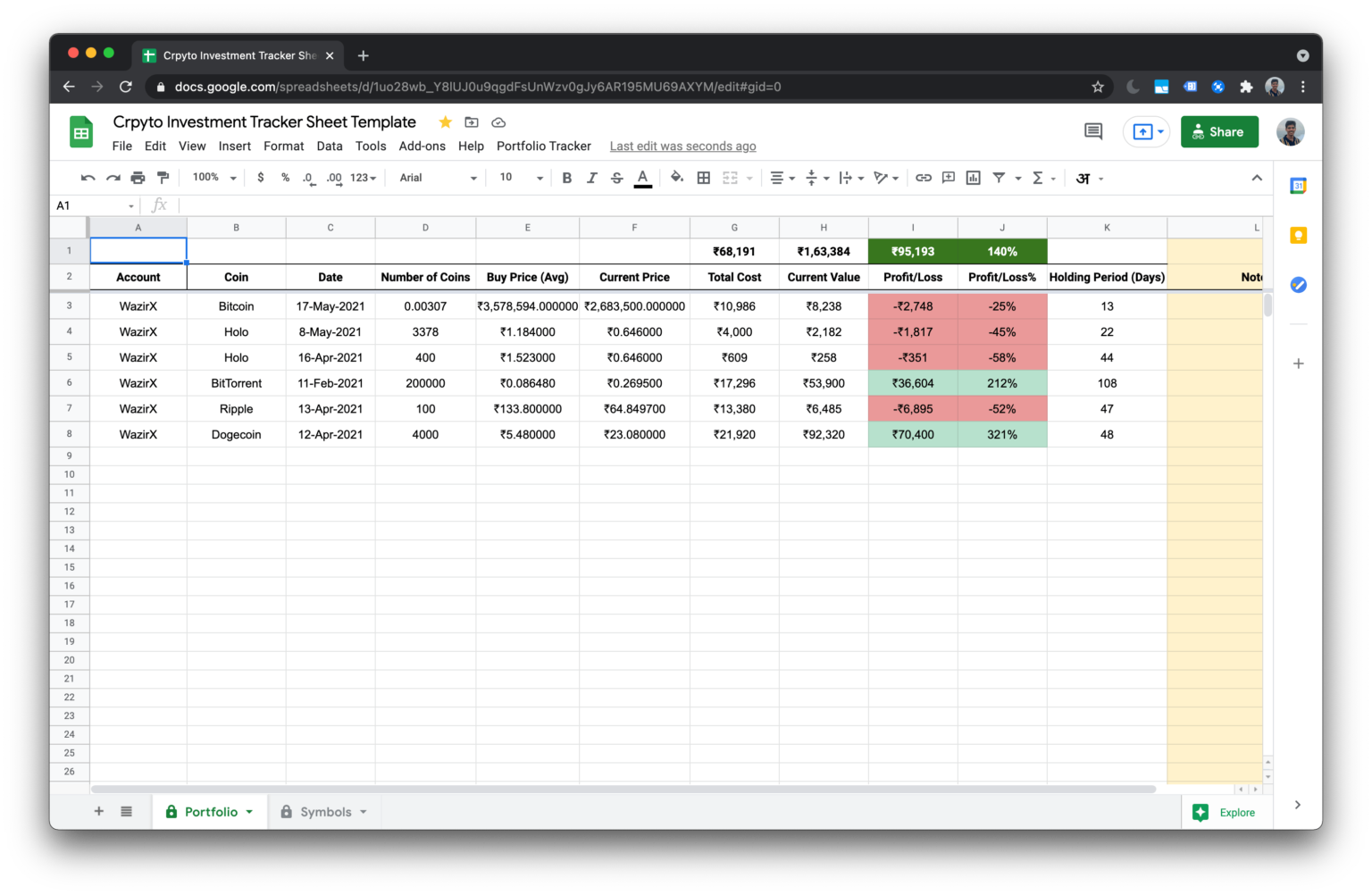 Cyptocurrency spreadsheet tracker WazirX