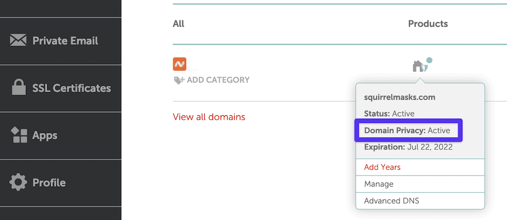 Namecheap's on-hover display.