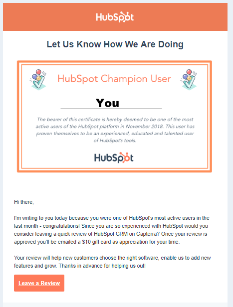 HubSpot's templated email asking customers to leave a review.