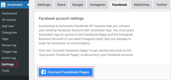 Click the Connect Facebook Pages Button