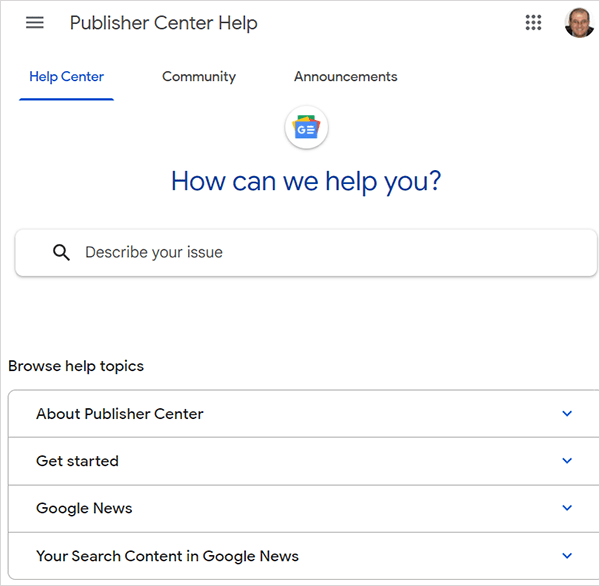 Google Publisher Center Help section