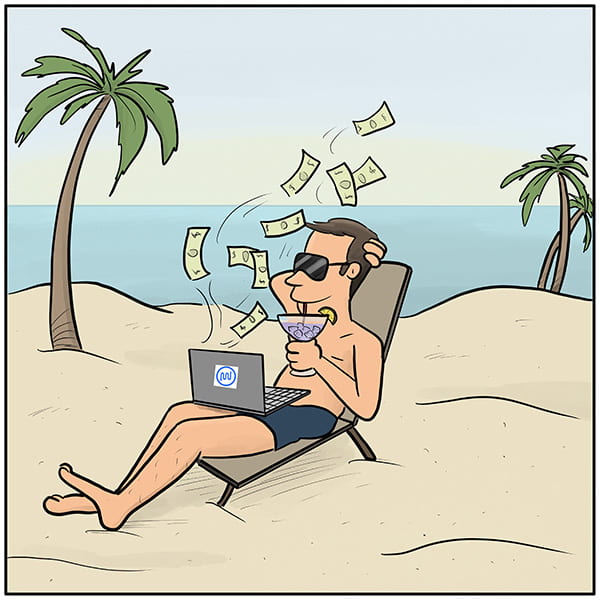 Guy on the beach with a computer spitting out money.