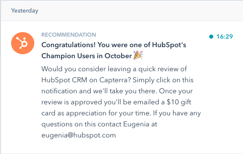 HubSpot's in-app notification to users requesting they leave a review.