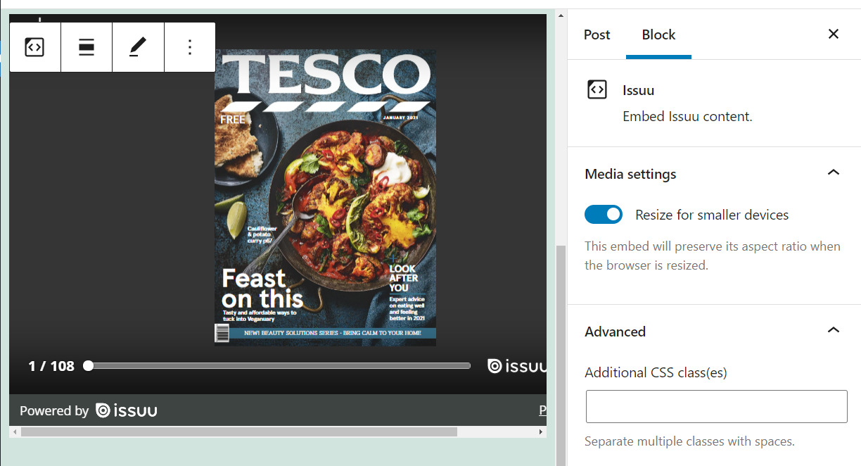 The Issuu block settings menu